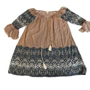 Umgee USA Women's Boho Paisley Print Bell Sleeve Tassel Tie Dress Size L